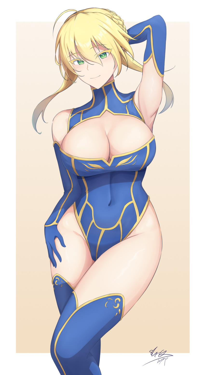 1girl absurdres arm_up artoria_pendragon_(fate) artoria_pendragon_(lancer)_(fate) blonde_hair blue_leotard blue_thighhighs border breasts cleavage closed_mouth cowboy_shot fate/grand_order fate_(series) green_eyes groin highleg highleg_leotard highres large_breasts leotard looking_at_viewer reinaz smile solo thighhighs thighs white_border yellow_trim