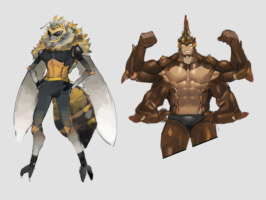 2boys ^_^ abs another_eidos-r armor arthropod_boy bandaid bandaid_on_cheek bandaid_on_face bara bee_boy beetle_boy beetle_horn biceps black_male_underwear briefs bulge closed_eyes cropped_legs double_biceps_pose extra_arms flexing furry furry_male highres hulk_(another_eidos) large_pectorals male_focus male_underwear mature_male multiple_boys muscular muscular_male navel neumo original pectorals scale_armor short_hair stomach straight-on strongman_waist thick_eyebrows thick_thighs thighs toned toned_male topless_male underwear