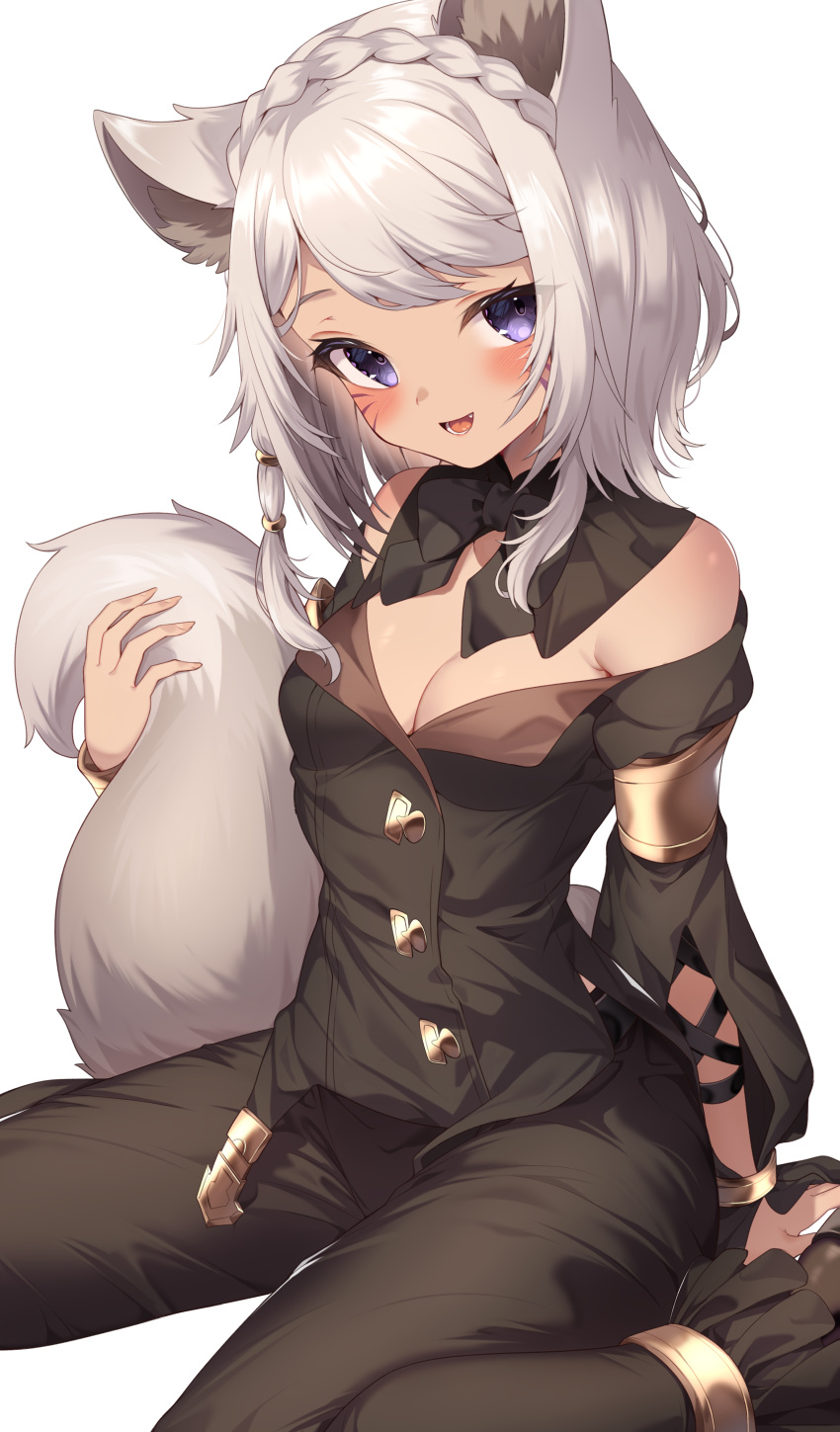 1girl absurdres animal_ears blush braid breasts cat_ears cat_tail commission detached_collar facial_mark final_fantasy final_fantasy_xiv grey_hair highres jun_(aousa0328) medium_breasts miqo'te open_mouth parted_bangs purple_eyes short_hair sitting skeb_commission solo strapless tail wariza warrior_of_light_(ff14) whisker_markings white_background