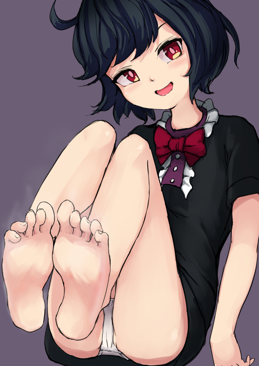 1girl absurdres bare_legs barefoot black_dress black_hair blush bow bowtie commentary_request dress feet foot_focus head_tilt highres houjuu_nue looking_at_viewer open_mouth panties purple_background red_bow red_bowtie red_eyes scottie0521 short_hair short_sleeves simple_background sitting smell smile soles solo toenails toes touhou underwear upskirt white_panties