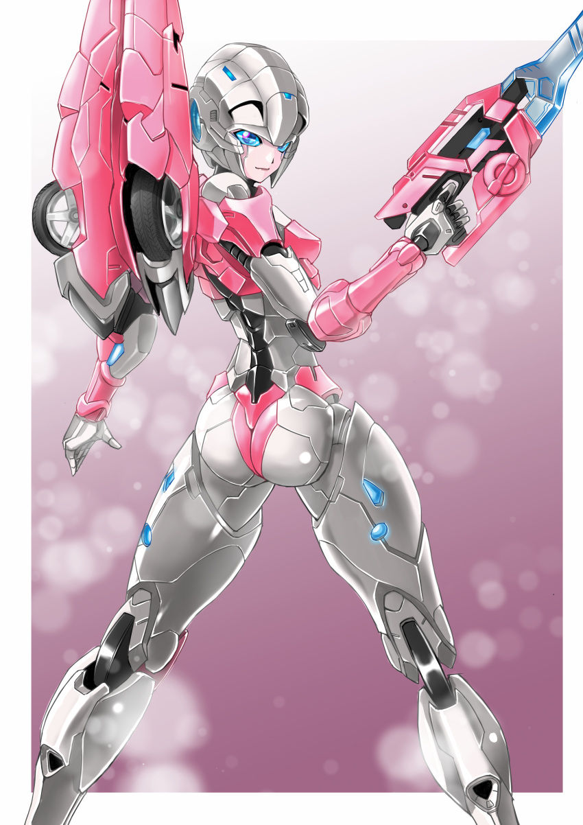 1girl absurdres arcee ass blue_eyes border breasts flame_toys flame_toys_arcee from_behind gun highres holding holding_gun holding_weapon juuta-rou lens_flare looking_back mecha open_hand outside_border robot shadow small_breasts smile transformers weapon white_border