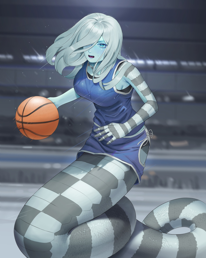 1girl absurdres ball basketball blue_eyes blue_sclera blurry blurry_background boonie_baby breasts colored_sclera colored_skin commentary hair_over_one_eye highres hip_vent lamia long_hair looking_at_viewer monster monster_girl original scales solo sportswear symbol-only_commentary