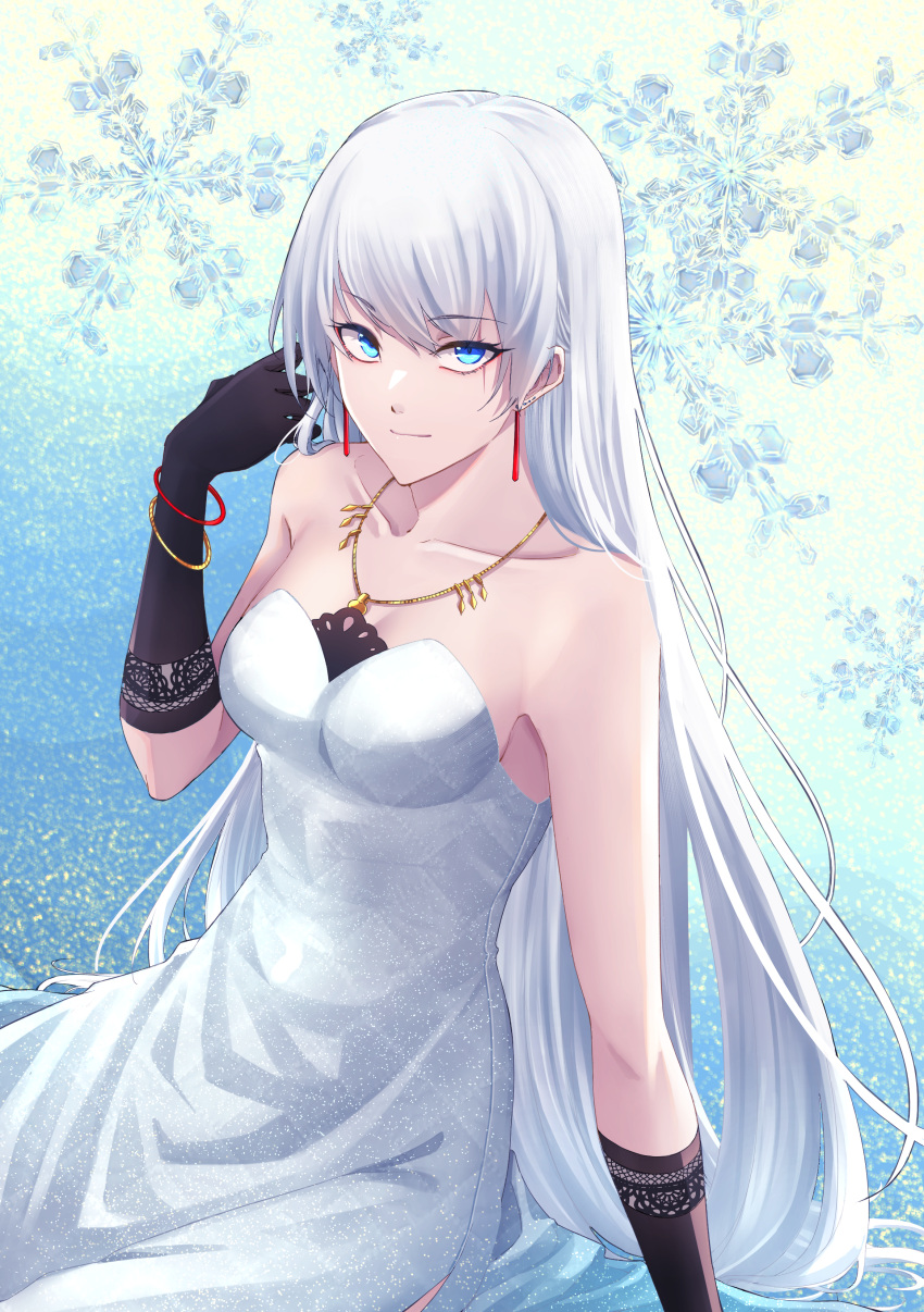 1girl absurdres alternate_hairstyle bare_shoulders black_gloves blue_eyes bracelet breasts closed_mouth collarbone dress earrings elbow_gloves gloves hair_down hand_up highres jewelry jindianjun000 long_hair looking_at_viewer necklace rwby scar scar_across_eye scar_on_face sitting small_breasts snowflake_background snowflakes solo very_long_hair weiss_schnee white_dress white_hair