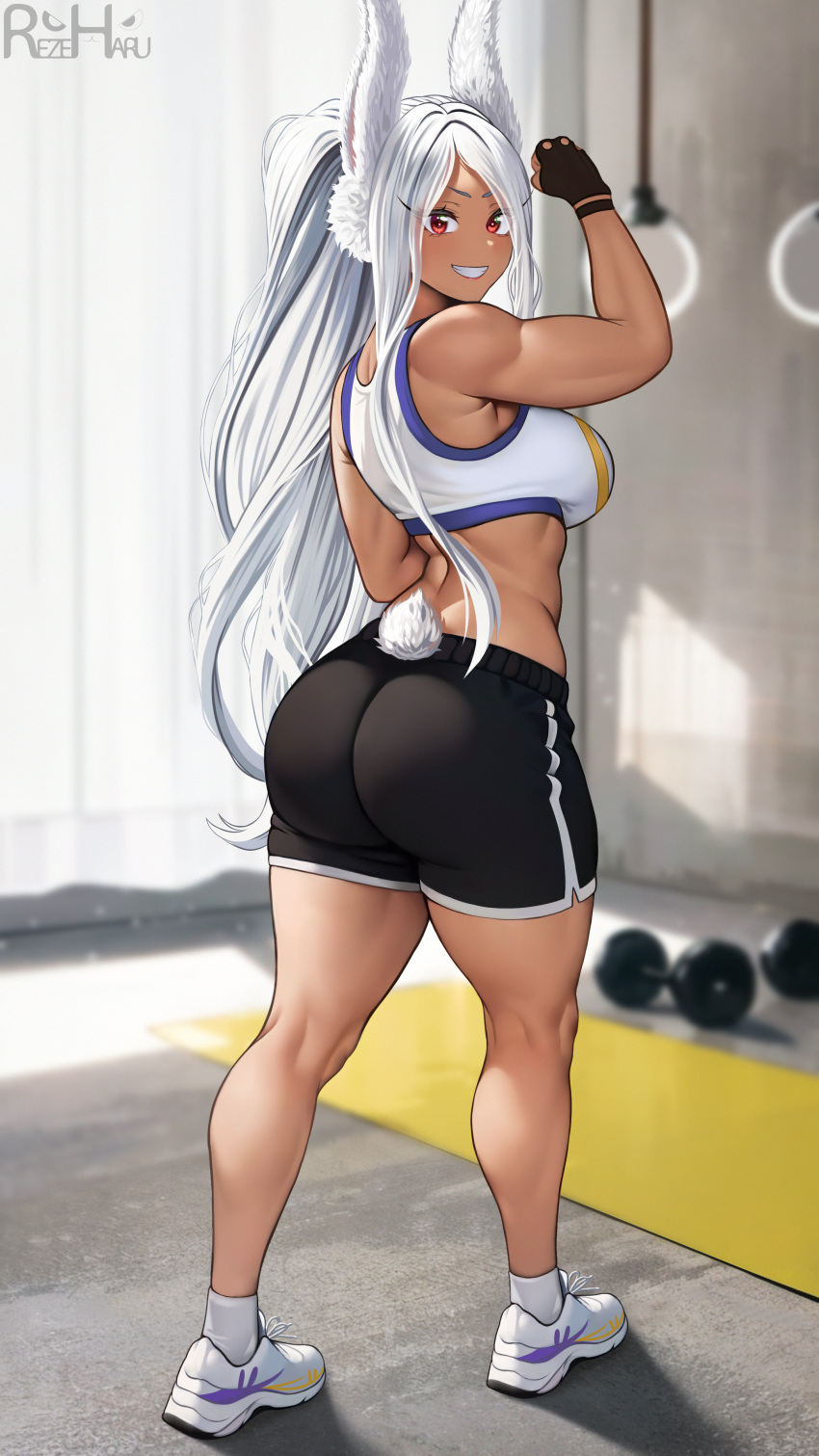 1girl :d absurdres animal_ears artist_name ass back bare_shoulders black_gloves black_shorts black_wristband blurry blurry_background boku_no_hero_academia breasts clenched_hand dark-skinned_female dark_skin dumbbell fingerless_gloves flexing from_behind full_body gloves gym highres indoors kneepits large_breasts long_eyelashes long_hair looking_at_viewer median_furrow mirko parted_bangs ponytail rabbit_ears rabbit_girl rabbit_tail red_eyes rezeharu shorts smile socks solo sports_bra standing tail tail_through_clothes thick_thighs thighs toned twisted_torso v-shaped_eyebrows very_long_hair weights white_footwear white_hair white_socks white_sports_bra yoga_mat