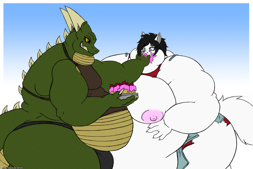 2018 absurd_res anthro areola belly belly_scales big_belly big_breasts black_hair bottomwear breasts bulge canid canine canis clothing cupcake digital_media_(artwork) dragon duo feeding female food green_body green_scales hair hi_res horn huge_breasts if_hell_had_a_taste male mammal morbidly_obese morbidly_obese_anthro morbidly_obese_female multicolored_body multicolored_scales nipples obese obese_anthro obese_female obese_male overweight overweight_anthro overweight_female overweight_male pink_nipples red_eyes samantha_(thunderkid92) scales shorts skylar_fidchell stuffing topwear torn_bottomwear torn_clothing torn_shorts two_tone_body two_tone_scales viroveteruscy weight_gain wolf yellow_body yellow_scales yellow_sclera