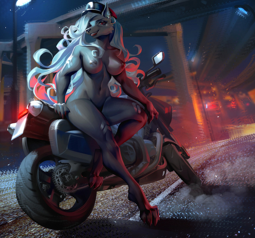 anthro black_body black_fur breasts canid canine canis claws clothing female finger_claws fur hair hat hat_only headgear headgear_only headwear headwear_only mammal mostly_nude motorcycle nipples nude outside savrasova solo toe_claws vehicle white_hair wolf
