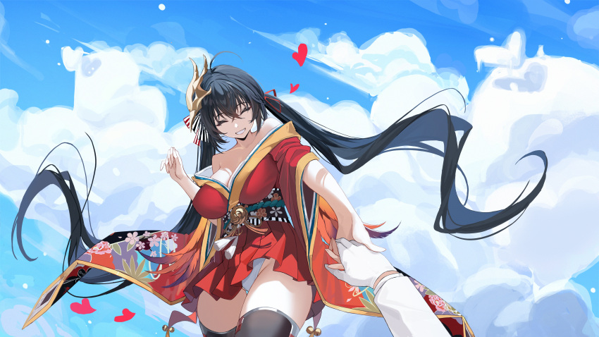 1boy 1girl ^_^ absurdres awwwwys azur_lane bare_shoulders black_hair black_thighhighs blue_sky breasts cleavage closed_eyes cloud cloudy_sky crossed_bangs from_below gloves grin hair_between_eyes heart highres holding_hands japanese_clothes kimono large_breasts long_hair mask mask_on_head military_uniform open_mouth panties pov pov_hands reaching reaching_towards_viewer red_kimono red_skirt skirt sky smile taihou_(azur_lane) tengu_mask thighhighs twintails underwear uniform very_long_hair white_gloves white_panties wide_sleeves
