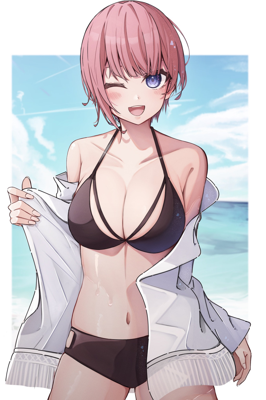 1girl absurdres bare_shoulders bikini black_bikini blue_eyes blush border breasts cleavage collarbone cowboy_shot gakkunning go-toubun_no_hanayome highres jacket jacket_pull large_breasts looking_at_viewer nakano_ichika navel ocean off_shoulder one_eye_closed open_mouth outside_border pink_hair pulled_by_self short_hair sky solo standing swimsuit white_border white_jacket