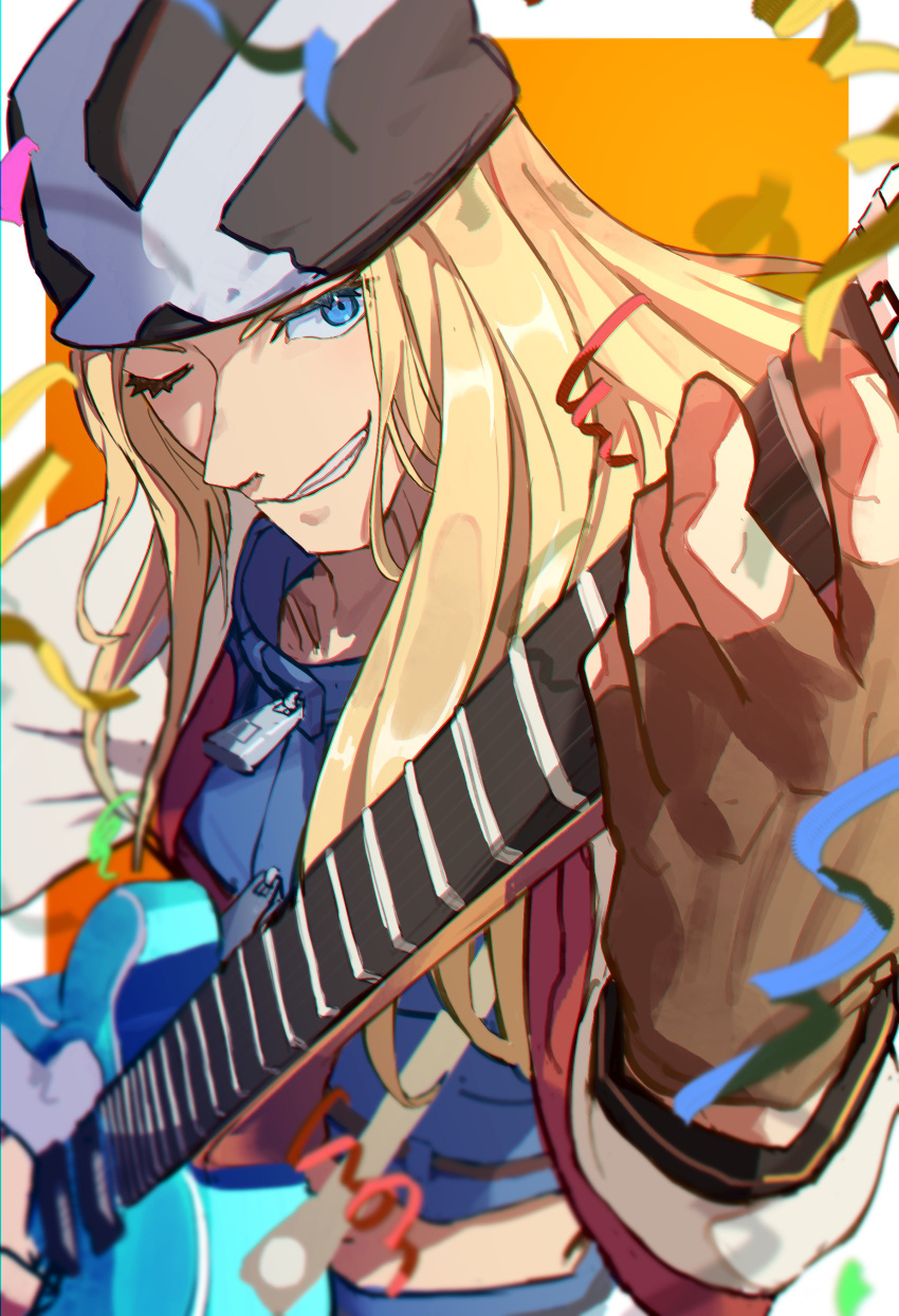 1boy absurdres arere_r axl_low bag_over_head bandana blonde_hair blue_eyes brown_gloves confetti electric_guitar fingerless_gloves gloves guilty_gear guilty_gear_strive guitar highres holding holding_instrument instrument jacket long_hair long_sleeves male_focus music one_eye_closed playing_instrument red_jacket smile