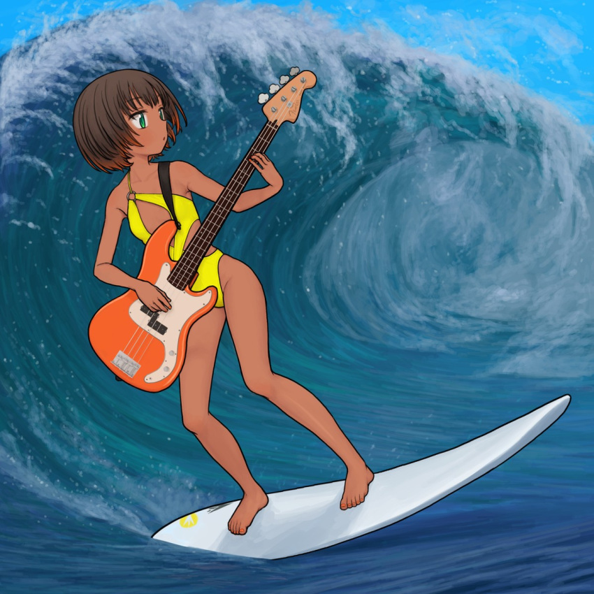 1girl bass_guitar blue_sky blush breasts brown_hair commentary_request commission dark-skinned_female dark_skin day fender_precision_bass full_body gradient_hair green_eyes highres holding holding_instrument instrument multicolored_hair ocean omodaka_(nitera1041) one-piece_swimsuit orange_hair orange_nails original photo_background pixiv_commission short_hair sky small_breasts solo surfboard surfing swimsuit two-tone_hair water waves yellow_one-piece_swimsuit