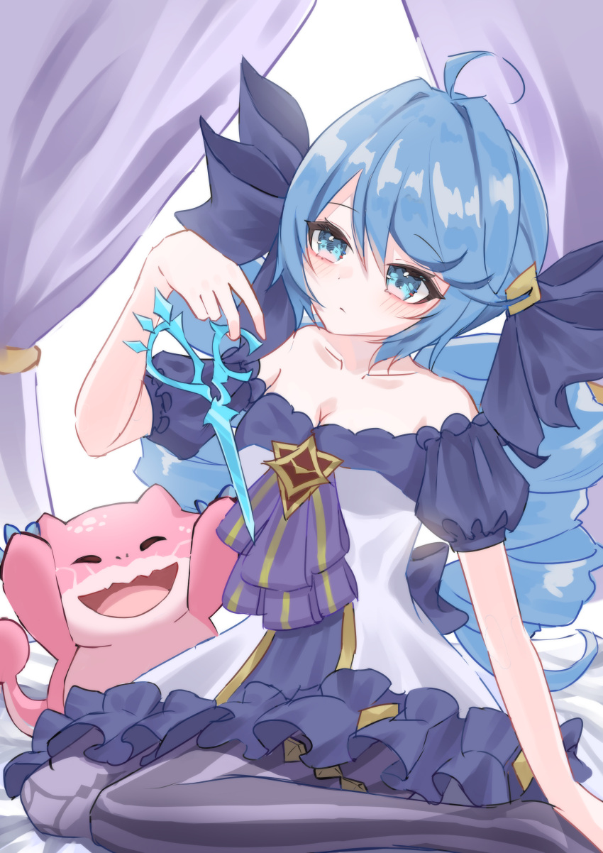 1girl absurdres ahoge bare_shoulders blue_hair breasts collarbone curtains dress drill_hair frilled_dress frills gwen_(league_of_legends) hair_ribbon highres league_of_legends long_hair looking_at_hand momikodayo ribbon scissors small_breasts strapless striped striped_thighhighs thighhighs twin_drills