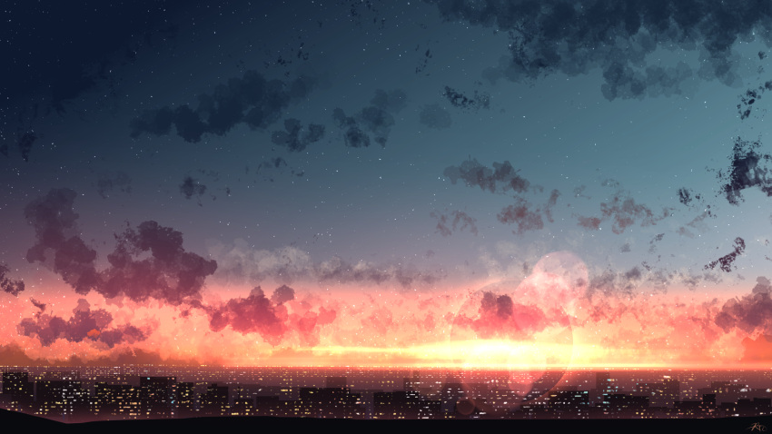 chinese_commentary cityscape cloud commentary_request highres light_particles no_humans original outdoors rune_xiao scenery signature sky star_(sky) star_(symbol) starry_sky still_life sun sunset