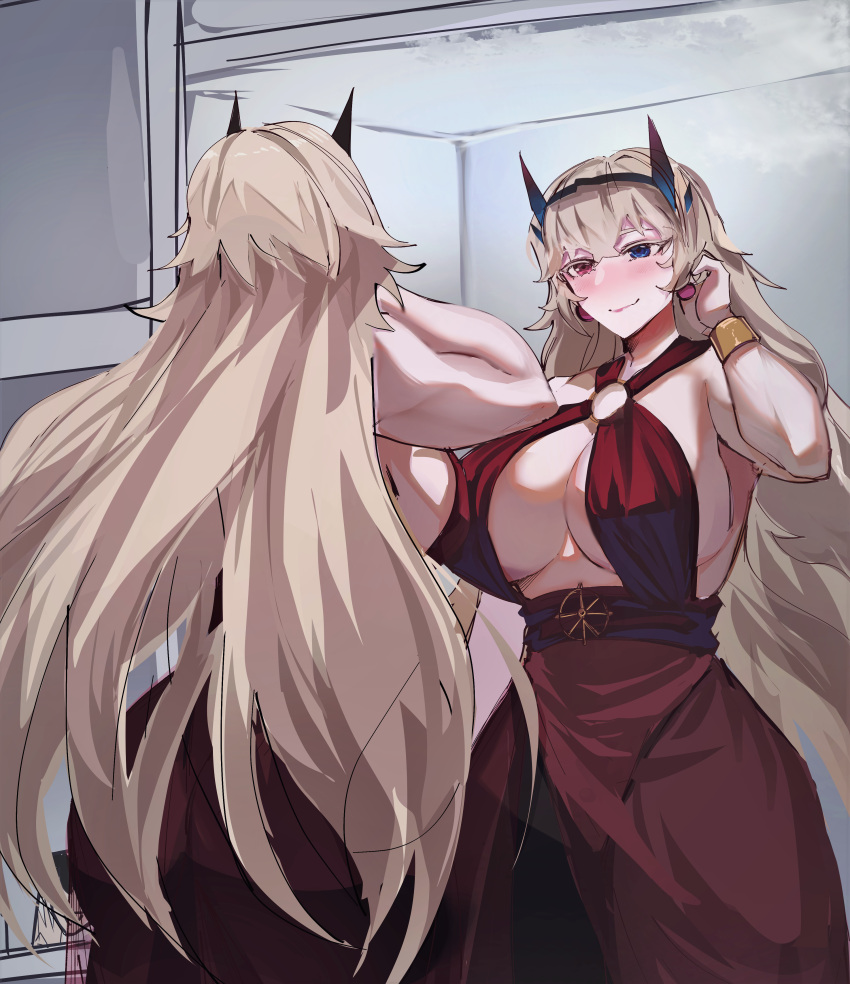 1girl absurdres ass back bare_shoulders barghest_(fate) biceps blonde_hair blue_eyes blush bracelet breasts cleavage criss-cross_halter dress earrings fairy_knight_gawain_(animejapan_2022)_(fate) fate/grand_order fate_(series) halterneck heterochromia highres horns huge_breasts jewelry long_hair mirror muscular muscular_female o-ring obazzotto red_dress red_eyes reflection sideboob smile solo thighs