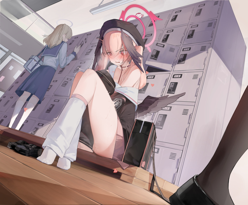 1girl a_fangfang_fang_fang absurdres beret black_headwear black_wings blue_archive blush breath clothes_pull commentary feathered_wings hair_wings halo hat highres koharu_(blue_archive) locker nose_blush people pink_hair pink_skirt shirt_pull sitting skirt socks sweatdrop trembling white_socks wings