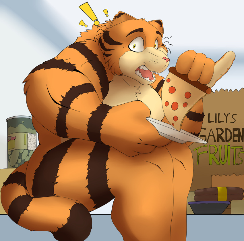 anthro appliance domestic_cat felid feline felis food fridge fur garfield_(series) hi_res kitchen_appliance male male/male mammal markings mature_male meat muscular muscular_anthro muscular_male noteshi orange_body orange_fur pizza sausage solo striped_body striped_fur striped_markings stripes surprised_expression tail teeth text tongue vic_(garfield) whiskers wide_hips yellow_eyes