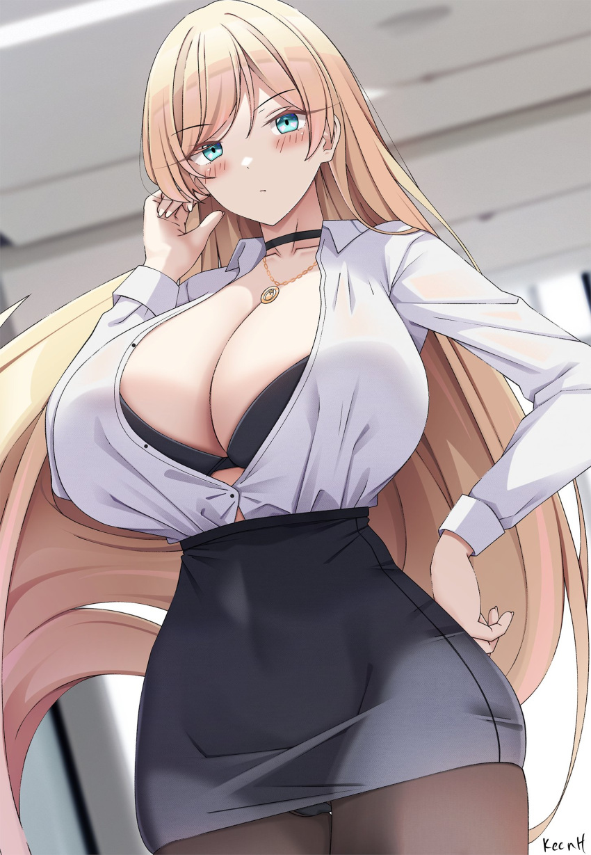 1girl artist_name black_bra black_choker blue_eyes blush bra breasts choker cleavage collarbone collared_shirt eyebrows_hidden_by_hair guilty_gear hand_on_own_face hand_on_own_hip highres huge_breasts jewelry keenh large_breasts long_hair looking_at_viewer millia_rage necklace office office_lady pantyhose partially_unbuttoned pencil_skirt plunging_neckline shirt signature skirt solo swept_bangs underwear upper_body very_long_hair