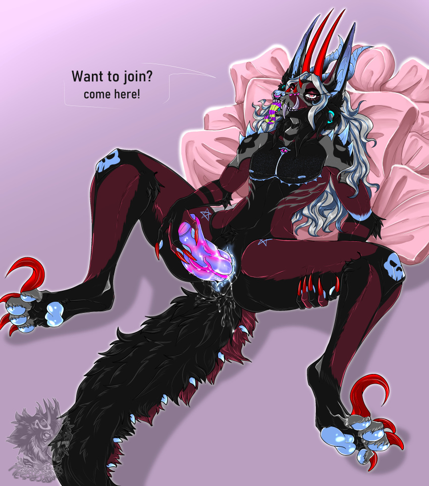 absurd_res ambiguous_gender anthro asmodeus_(character) bared_teeth bodily_fluids chimera demon dildo dildo_in_pussy dildo_insertion ejaculation expander female genital_fluids genitals hair hi_res horn horn_markings humanoid intersex intersex/female legs_held_open long_ears long_hair long_tail long_tongue markings masturbation messy_satanist penetration pillow pussy pussy_ejaculation pussy_juice raptor_claws reclining_on_bed sex_toy sex_toy_in_pussy sex_toy_insertion skinny solo tail teeth tongue tongue_out toying_self trans_(lore) trans_man_(lore) vaginal vaginal_masturbation vaginal_penetration visibly_trans