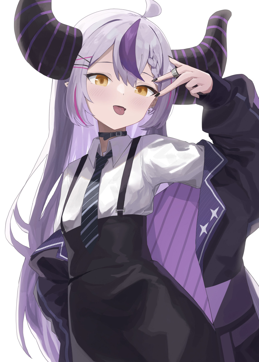 absurdres belt_choker black_horns black_nails braid braided_bangs evening_rabbit grey_hair highres hololive horns jacket la+_darknesss multicolored_hair necktie piercing pointy_ears purple_hair streaked_hair striped_horns tongue tongue_out tongue_piercing yellow_eyes