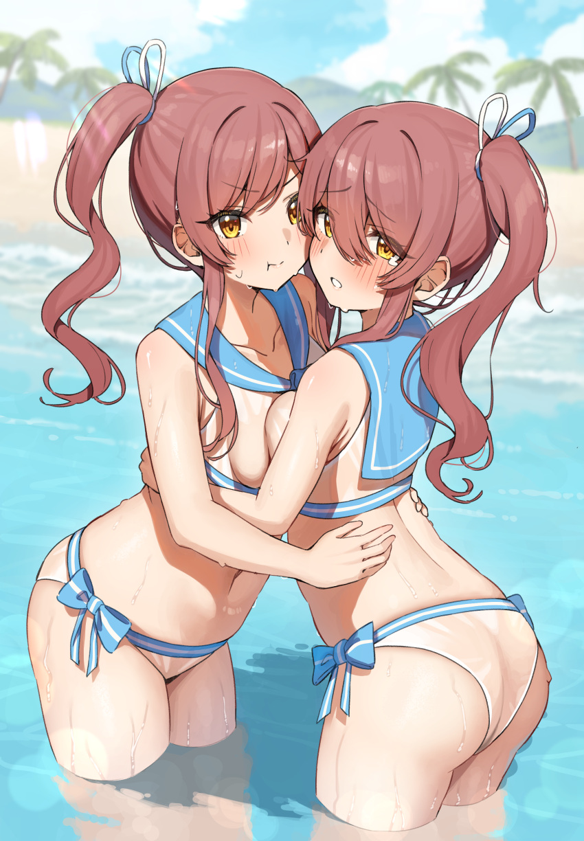 2girls absurdres arched_back ass beach bikini blue_ribbon blue_sailor_collar blue_sky blurry blurry_background blush breast_press breasts closed_mouth cloud day hair_between_eyes hair_ribbon highres hug idolmaster idolmaster_shiny_colors leaning_forward long_hair looking_at_viewer medium_breasts multiple_girls navel osaki_amana osaki_tenka outdoors palm_tree parted_lips pout raised_eyebrows ribbon sailor_bikini sailor_collar sailor_swimsuit_(idolmaster) see-through siblings side_ponytail sisters sky swimsuit tearing_up thighs tree v-shaped_eyebrows wading wanimaru water wet wet_hair white_bikini white_ribbon yellow_eyes