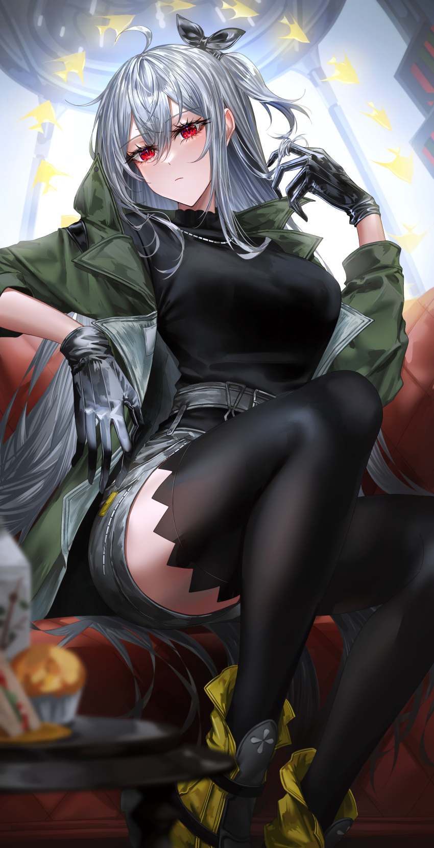 1girl absurdres ahoge akqne angelfish arknights belt black_bow black_gloves black_sweater black_thighhighs boots bow breasts closed_mouth expressionless fish gloves green_jacket grey_hair grey_shorts hair_bow highres jacket jewelry long_hair medium_breasts necklace one_side_up open_clothes open_jacket red_eyes revision short_shorts shorts skadi_(arknights) skadi_(the_next_afternoon_tea)_(arknights) solo sweater thighhighs very_long_hair yellow_footwear