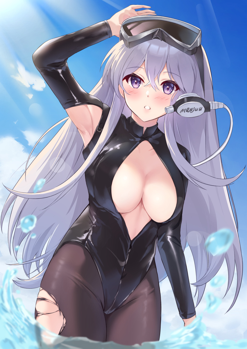 1girl arm_up armpit_cutout armpits azur_lane black_pantyhose blue_sky blush breasts casual_one-piece_swimsuit cleavage cleavage_cutout clothing_cutout cowboy_shot day enterprise_(azur_lane) goggles goggles_on_head grey_hair highres itaba_atsushi large_breasts lens_flare light_rays long_hair long_sleeves looking_at_viewer one-piece_swimsuit outdoors pantyhose parted_lips purple_eyes sky snorkel solo sunbeam sunlight swimsuit torn_clothes torn_pantyhose very_long_hair water