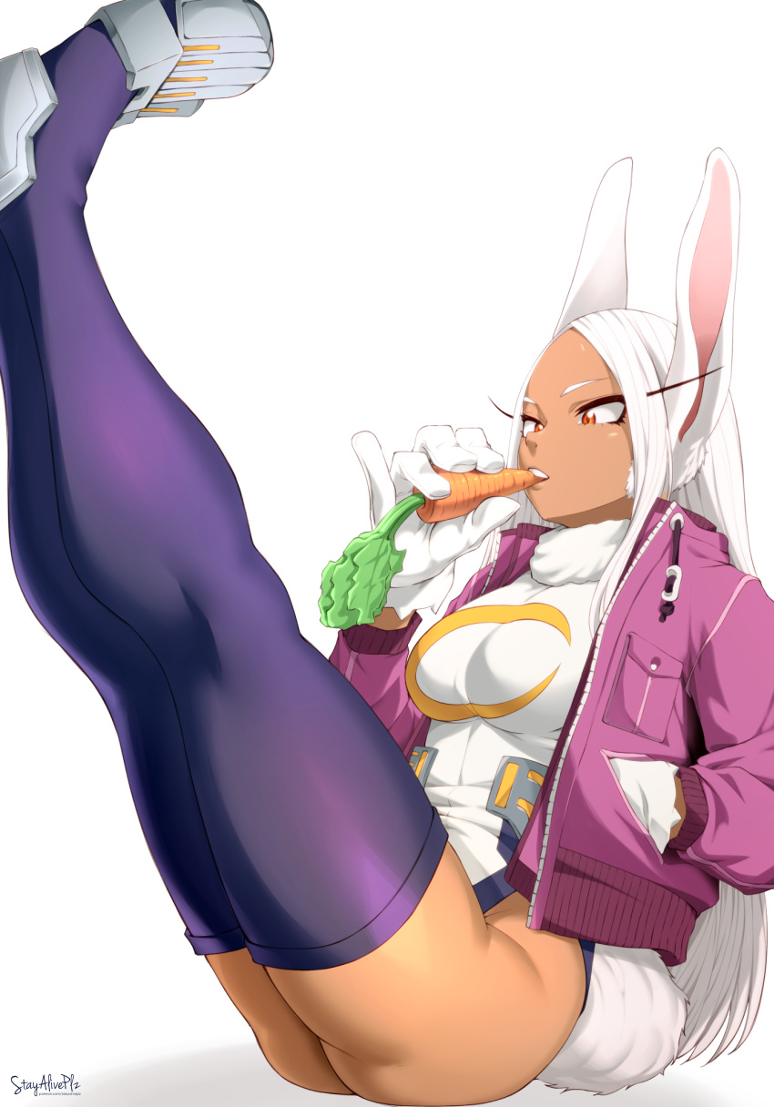 1girl absurdres animal_ears black_thighhighs boku_no_hero_academia breasts carrot dark-skinned_female dark_skin eating gloves highleg highleg_leotard highres holding holding_carrot large_breasts leotard long_eyelashes long_hair mirko muscular muscular_female orange_eyes parted_bangs rabbit_ears rabbit_girl rabbit_tail solo stayaliveplz tail thick_thighs thighhighs thighs toned turtleneck_leotard white_gloves white_hair white_leotard