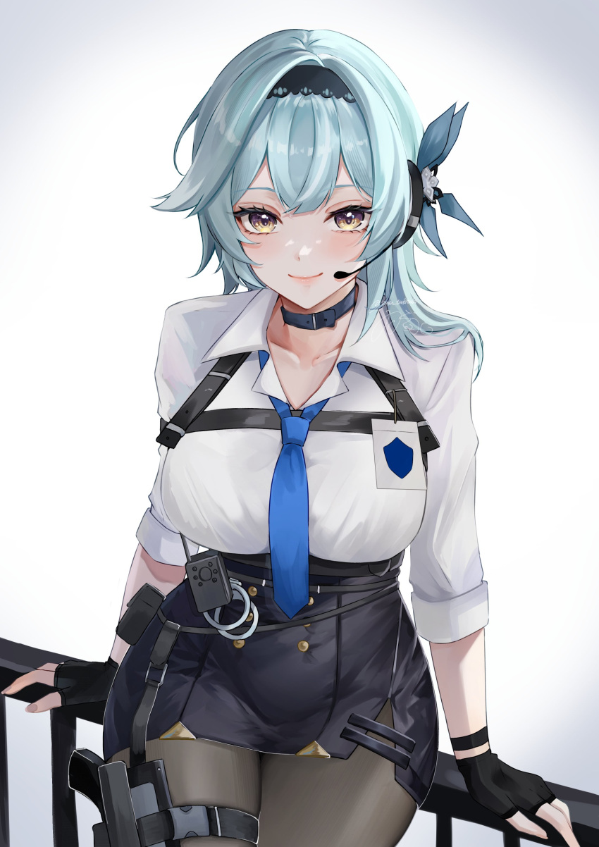 1girl absurdres alternate_costume belt black_belt black_gloves black_hairband black_skirt blue_choker blue_hair blue_necktie breasts choker commentary_request cowboy_shot eula_(genshin_impact) fingerless_gloves genshin_impact gloves gnsn_tukituki hairband headset highres long_hair looking_at_viewer medium_breasts miniskirt necktie pantyhose pencil_skirt railing revision shirt skirt smile solo thigh_strap white_background white_shirt yellow_eyes