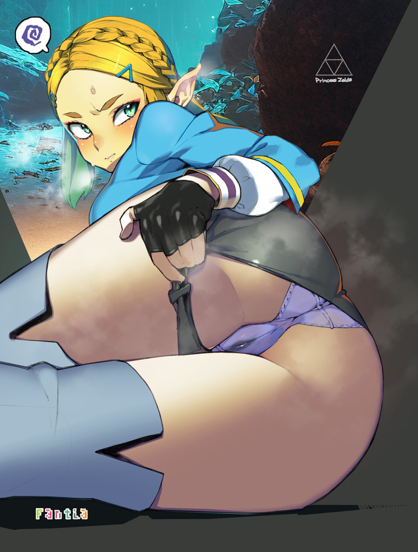 1girl ass blonde_hair blue_tunic blush boots braid breasts cameltoe clothing_aside commentary_request crown_braid fantia_logo fingerless_gloves gloves green_eyes hair_ornament hairclip highres looking_back namaniku_atk panties parted_bangs pointy_ears princess_zelda pulled_by_self short_shorts shorts shorts_aside sidelocks solo the_legend_of_zelda the_legend_of_zelda:_breath_of_the_wild the_legend_of_zelda:_tears_of_the_kingdom thigh_boots trefoil triforce tunic underwear
