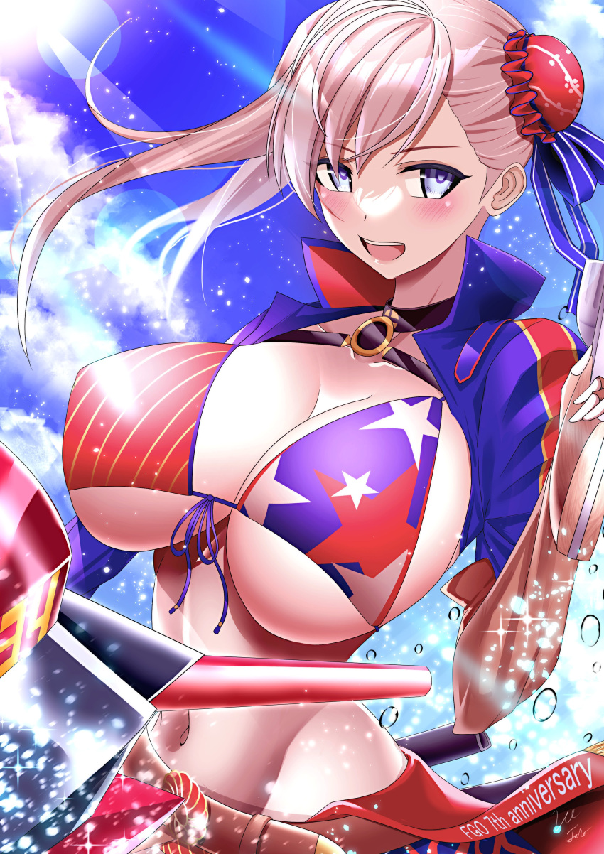 1girl absurdres american_flag_bikini bikini blue_eyes blue_sky breasts cloud cloudy_sky fate/grand_order fate_(series) flag_print highres large_breasts lee-taro light_rays long_hair looking_at_viewer miyamoto_musashi_(fate) open_mouth sky solo sunlight swimsuit water_drop white_hair