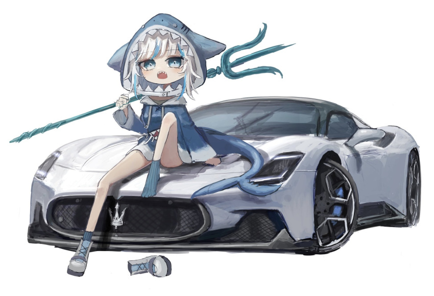 1girl animal_hood blue_eyes blue_hair blue_hoodie blue_socks boots boots_removed car fins fish_tail gawr_gura grey_footwear highres holding_trident hololive hololive_english hood hood_up hoodie looking_at_viewer maserati maserati_mc20 medium_hair motor_vehicle multicolored_hair open_mouth over_shoulder shark_girl shark_hood shark_tail sharp_teeth shiyo_tsubame sitting sitting_on_car socks solo sports_car streaked_hair tail teeth vehicle_focus virtual_youtuber weapon weapon_over_shoulder