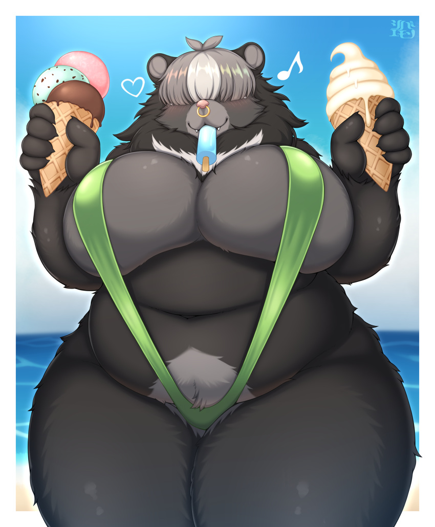 &lt;3 2023 5_fingers :3 ahoge anthro beach bear belly big_breasts bikini biped black_bear black_body black_claws black_ears black_fur black_hair blush border breasts cheek_tuft claws cleavage clothed clothing cloud colored crotch_tuft curvy_figure cute_fangs day deep_navel dessert detailed_background digital_media_(artwork) eating eating_food facial_piercing facial_tuft female female_anthro finger_claws fingers fluffy food front_view full_cleavage fur glistening glistening_body glistening_breasts glistening_fur glistening_hair green_clothing green_swimwear grey_body grey_breasts grey_fur grey_hair grey_inner_ear hair hair_over_eyes hi_res holding_food holding_ice_cream holding_ice_cream_cone holding_object huge_breasts huge_hips huge_thighs humanoid_hands ice_cream ice_cream_cone kemono mammal mane mane_hair markings midriff monotone_ears moon_bear mouth_hold multi_hair_tones multi_tone_fur multicolored_body multicolored_fur multicolored_hair musical_note navel neck_tuft nose_piercing nose_ring outline_heart outside outside_border overweight overweight_anthro overweight_female piercing pink_nose popsicle popsicle_in_mouth portrait ring_piercing sand sea seaside shaded shibaemonxsk signature sky sling_bikini snaggle_tooth solo standing swimwear thick_thighs three-quarter_portrait tuft ursine voluptuous water white_body white_border white_fur white_hair white_markings wide_hips
