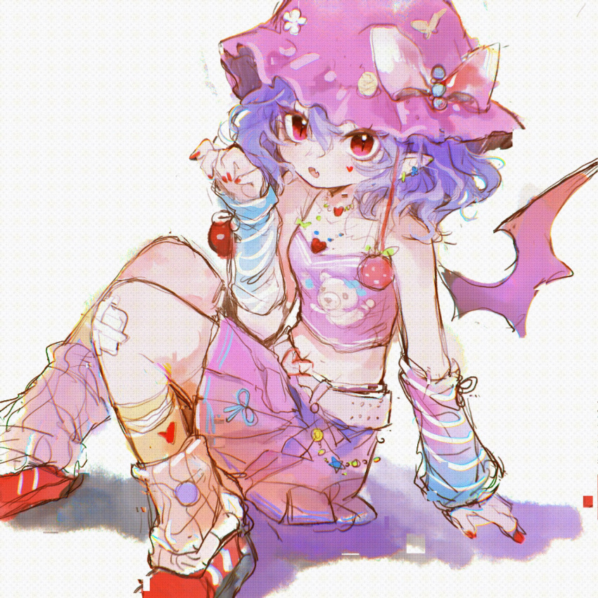 1girl 80isiiii baggy_socks bandaid bare_legs bare_shoulders bat_wings breasts camiole crop_top food fruit hat heart heart_necklace highres jewelry looking_at_viewer midriff miniskirt mob_cap nail_polish necklace on_floor pointy_ears purple_hair red_eys red_footwear red_nails remilia_scarlet shoes sitting skirt small_breasts strawberry touhou wings