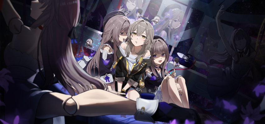 3girls absurdres ballerina ballet ballet_dress black_coat brown_hair clone coat commentary_request dancing doll_joints drooling empty_eyes figure grey_hair herta_(honkai:_star_rail) highres honkai:_star_rail honkai_(series) indoors jiki_(gkdlfnzo1245) joints korean_commentary leaning_on_person long_hair mannequin multiple_girls open_mouth portrait_(object) purple_eyes shirt stelle_(honkai:_star_rail) trailblazer_(honkai:_star_rail) white_shirt