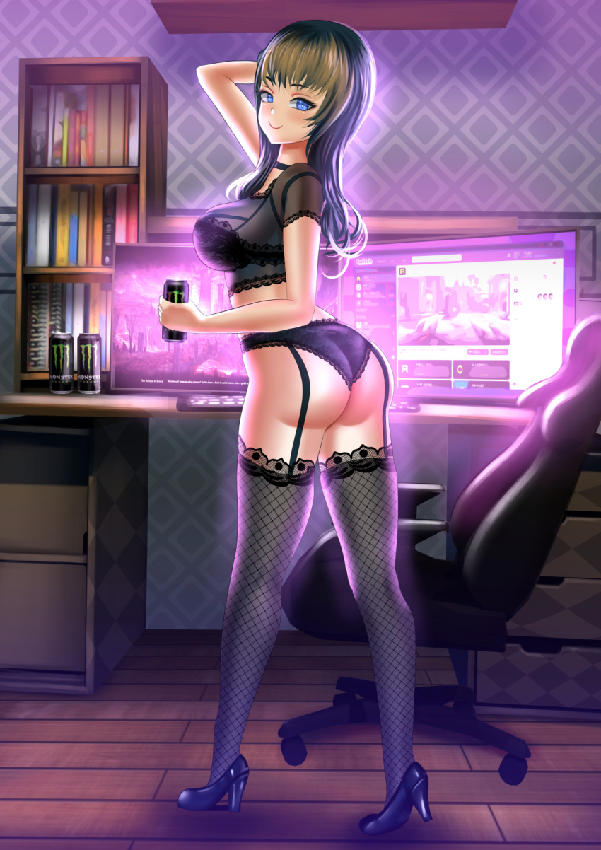 1girl arm_behind_head arm_up ass black_bra black_choker black_footwear black_hair black_panties black_shirt black_thighhighs blue_eyes bookshelf bra breasts can chair choker commentary commission cropped_shirt desk energy_drink english_commentary fishnet_thighhighs fishnets from_side garter_straps heel_up high_heels highres holding holding_can indoors kein_hasegawa keyboard_(computer) lace-trimmed_panties lace-trimmed_shirt lace-trimmed_thighhighs lace_trim large_breasts lingerie long_hair looking_at_viewer looking_back mixed-language_commentary monitor monster_energy office_chair original panties see-through shirt short_sleeves soda_can solo swivel_chair thighhighs underwear wooden_floor