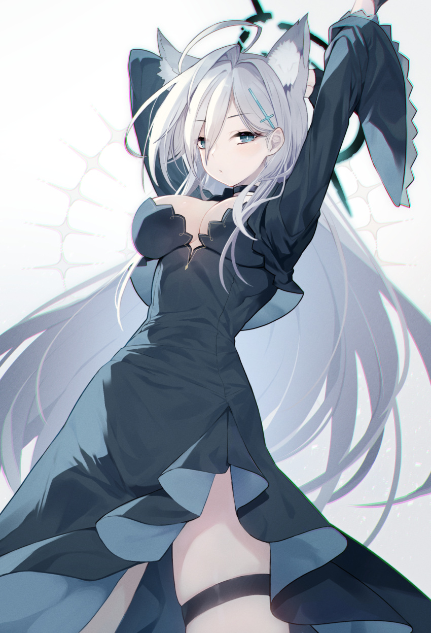 1girl ahoge animal_ears arms_up black_dress blue_archive breasts choker cleavage commentary_request cropped_jacket dark_halo dress grey_eyes grey_hair hair_between_eyes hair_ornament hairclip halo highres large_breasts long_hair long_sleeves looking_at_viewer matsumoto_tomoyohi shiroko_(blue_archive) shiroko_(terror)_(blue_archive) solo thigh_strap white_background wide_sleeves wolf_ears