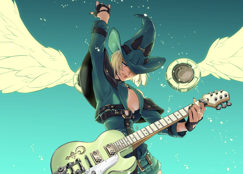1girl alternate_color angel_wings black_gloves black_nails blonde_hair blue_eyes breasts cleavage dress electric_guitar feathered_wings fingerless_gloves gloves green_background green_dress green_headwear guilty_gear guilty_gear_xrd guitar hat highres i-no instrument irene_koh large_breasts long_sleeves looking_at_viewer medium_hair mole mole_above_mouth nail_polish pink_eyes short_hair smile white_wings wings witch_hat