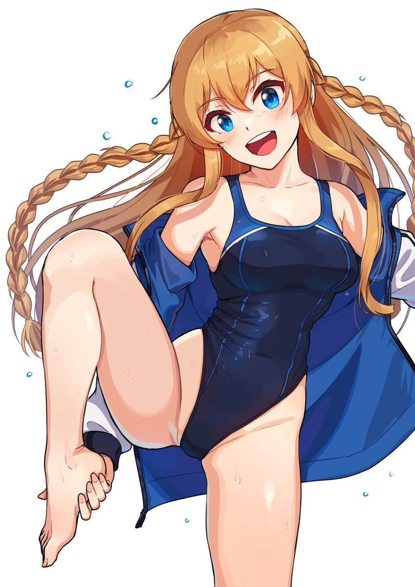 1girl blue_eyes blue_one-piece_swimsuit blush braid breasts brown_hair collarbone commentary_request competition_swimsuit covered_navel hand_on_own_foot highleg highleg_swimsuit highres idolmaster idolmaster_million_live! idolmaster_million_live!_theater_days kamille_(vcx68) kousaka_umi long_hair looking_at_viewer medium_breasts navel one-piece_swimsuit open_mouth side_braid simple_background smile solo swimsuit twin_braids two-tone_swimsuit water water_drop wet wet_clothes wet_swimsuit white_background