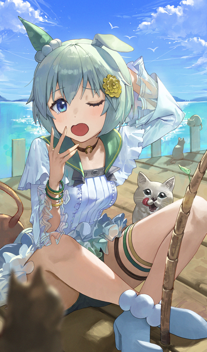 1girl absurdres animal animal_ears arm_up black_choker blue_eyes blue_shorts blue_sky bracelet breasts cat chobbb choker commentary crossed_legs day ear_covers fishing_rod frilled_shirt frills grey_hair hair_ornament hairclip highres horse_ears horse_girl horse_tail jewelry long_sleeves looking_at_viewer medium_breasts mountainous_horizon multiple_cats ocean one_eye_closed open_mouth outdoors seiun_sky_(umamusume) shirt short_hair shorts single_ear_cover sky solo tail thigh_strap umamusume white_footwear white_shirt yawning