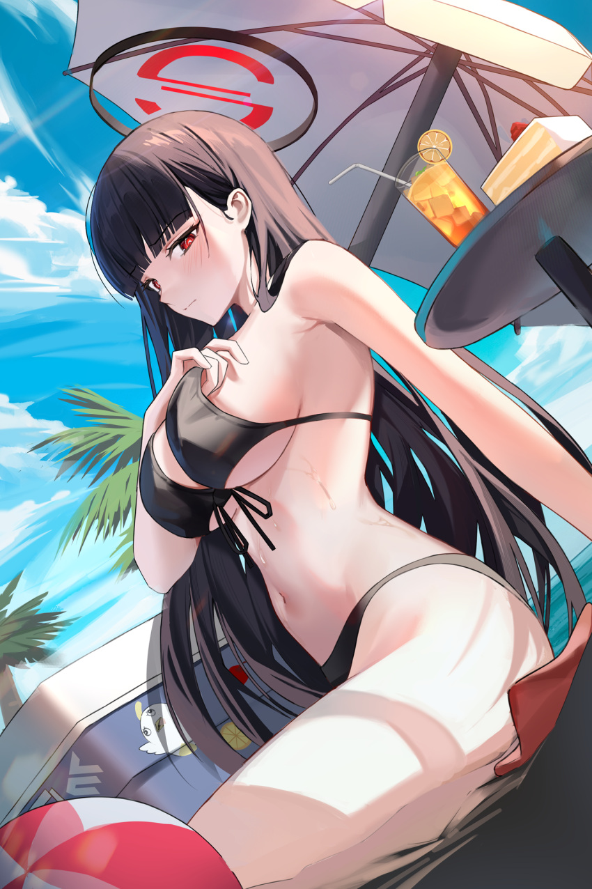 1girl alternate_costume armpit_crease bare_arms bare_shoulders beach_umbrella bikini black_bikini black_hair blue_archive blunt_bangs breasts closed_mouth cooler crying_eye day dutch_angle embarrassed front-tie_bikini_top front-tie_top frown halo hand_on_own_chest highres large_breasts long_hair looking_at_viewer navel outdoors peroro_(blue_archive) red_eyes rio_(blue_archive) sitting solo stomach string_bikini swimsuit table thighs umbrella very_long_hair wet