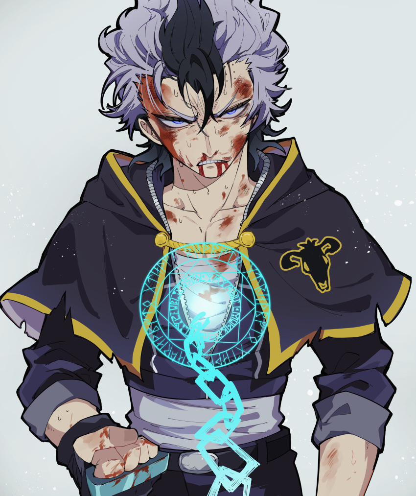 1boy absurdres black_clover black_hair blood blood_on_face clenched_hand clenched_teeth collarbone frown highres injury looking_at_viewer magic_circle magna_swing male_focus multicolored_hair nekoma_hikaru purple_hair serious short_hair solo teeth two-tone_hair