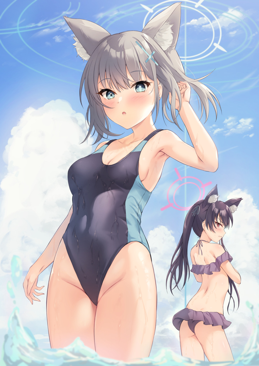 2girls animal_ear_fluff animal_ears ass bikini bikini_skirt black_bikini black_hair black_one-piece_swimsuit blue_archive blue_eyes blue_sky breasts cat_ears cloud competition_swimsuit covered_navel cross_hair_ornament extra_ears frilled_bikini frills grey_hair hair_ornament halo highres itaba_atsushi long_hair looking_at_viewer low_ponytail medium_breasts medium_hair mismatched_pupils multicolored_clothes multicolored_swimsuit multiple_girls off-shoulder_bikini off_shoulder official_alternate_costume one-piece_swimsuit red_eyes serika_(blue_archive) serika_(swimsuit)_(blue_archive) shiroko_(blue_archive) shiroko_(swimsuit)_(blue_archive) sky solo_focus swimsuit twintails wading water wolf_ears