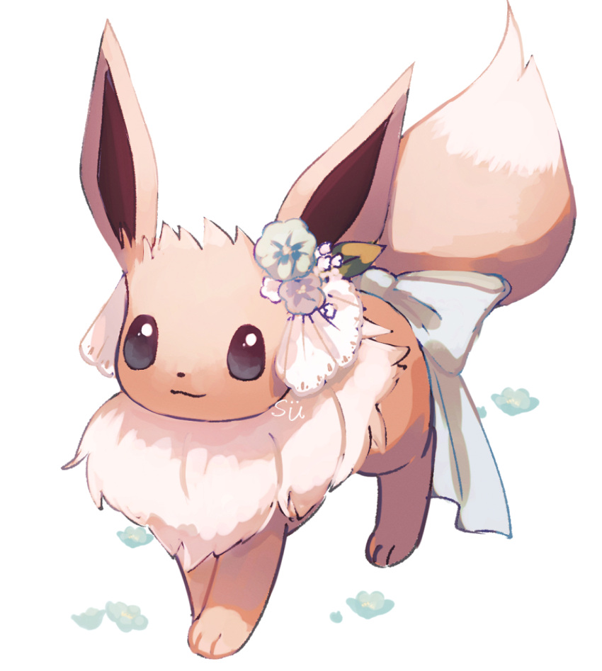 3_toes accessory ambiguous_gender black_eyes black_nose bow_(feature) bow_accessory bow_ribbon brown_body brown_fur canid canine canis chest_tuft digital_media_(artwork) eevee feet feral flower flower_accessory flower_hair_accessory flower_in_hair fur furgonomics generation_1_pokemon hair hair_accessory hi_res looking_at_viewer mammal nintendo plant pokemon pokemon_(species) ribbons sajo_su5 simple_background smile solo tail tail_accessory tail_bow tail_ribbon tan_body tan_chest_tuft tan_fur toes tuft white_background