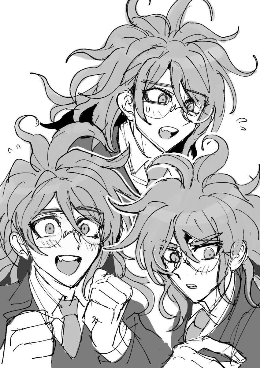 1boy :d clenched_hands collared_shirt danganronpa_(series) danganronpa_v3:_killing_harmony fangs flying_sweatdrops glasses gokuhara_gonta greyscale hands_up highres jacket kumakoro_(tetsupag) long_hair male_focus messy_hair monochrome multiple_views necktie open_mouth round_eyewear shirt smile teeth upper_teeth_only