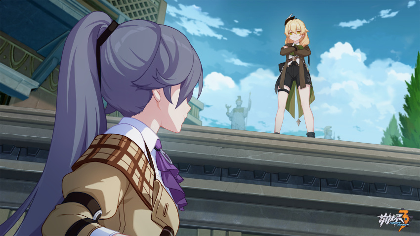 1boy 1girl ascot black_hairband blonde_hair chinese_commentary cloud cloudy_sky crossed_arms fu_hua fu_hua_(hawk_of_the_fog) fu_hua_(valkyrie_accipiter) hair_between_eyes hairband high_ponytail highres honkai_(series) honkai_impact_3rd james_moriarty_(honkai_impact) logo looking_at_another official_alternate_costume official_art official_wallpaper outdoors purple_ascot sky star_(symbol) thigh_strap