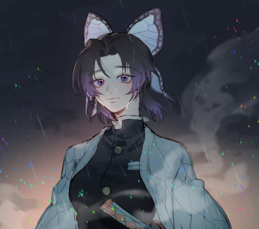 1girl black_hair black_shirt butterfly_hair_ornament buttons closed_mouth cloud cloudy_sky collared_shirt demon_slayer_uniform expressionless eyelashes food hair_ornament high_collar highres jacket katana kimetsu_no_yaiba kochou_shinobu long_sleeves looking_at_viewer multicolored_hair open_clothes open_jacket pocky ponytail purple_eyes purple_hair rain rina_(pipi58293333) shirt short_hair sky smoke solo sword two-tone_hair upper_body weapon white_haori white_jacket