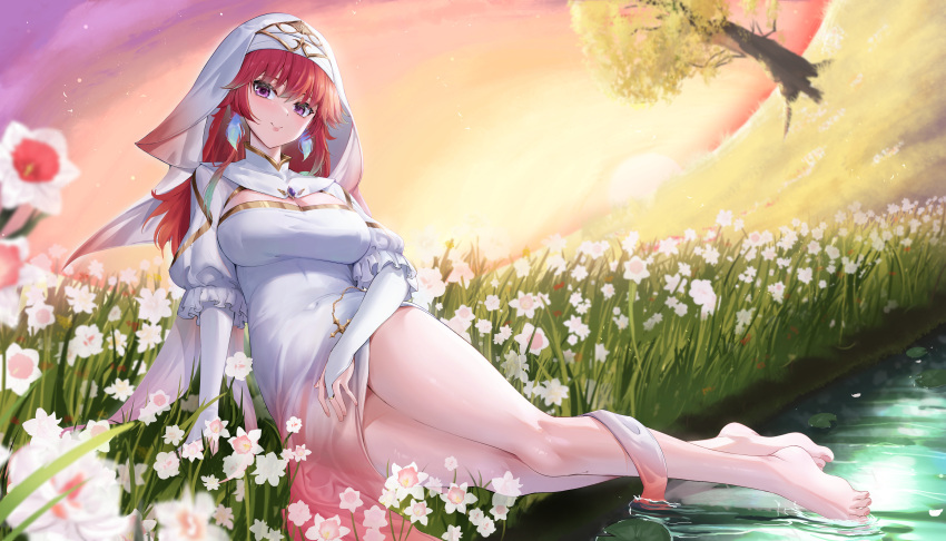 1girl absurdres alternate_costume breasts bridal_gauntlets closed_mouth cross dress earrings feather_earrings feathers field flower flower_field grass habit highres hololive hololive_english jewelry kuutamo large_breasts long_hair looking_at_viewer lying multicolored_hair nun on_side outdoors purple_eyes red_hair smile solo streaked_hair takanashi_kiara thighs tree veil virtual_youtuber water wet white_dress white_flower yellow_sky