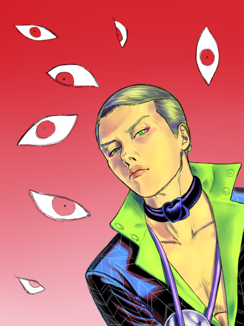 1boy arrow_print blonde_hair collar disembodied_eye eyeliner formal green_eyes highres jewelry jojo_no_kimyou_na_bouken keiimajima02 lips magatama magatama_necklace makeup male_focus necklace prosciutto short_hair solo suit the_grateful_dead_(stand) vento_aureo