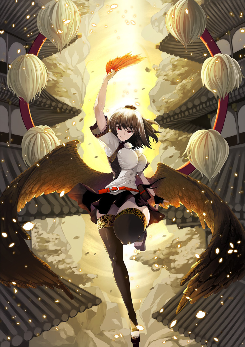 1girl architecture arm_up backlighting belt black_hair black_skirt black_thighhighs black_wings breasts building closed_mouth commentary_request east_asian_architecture feathered_wings fingerless_gloves full_body geta gloves hand_fan hat hauchiwa highres holding holding_fan ishida_kazuma knee_up large_breasts looking_at_viewer medium_hair outdoors pom_pom_(clothes) red_belt red_eyes shameimaru_aya shirt short_sleeves single_fingerless_glove single_glove skindentation skirt smile solo tengu-geta thighhighs toeless_legwear tokin_hat touhou white_shirt wings