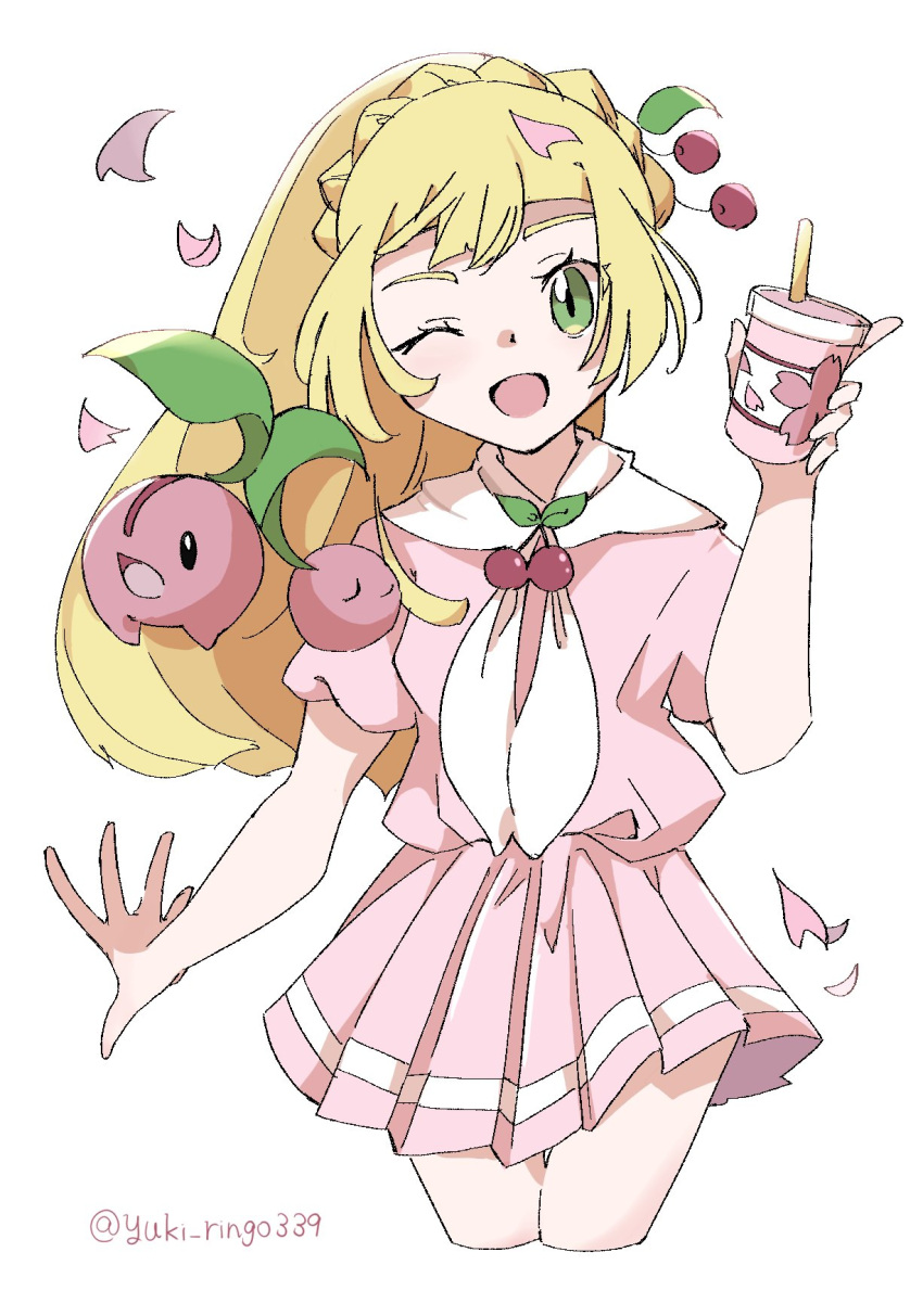 1girl blonde_hair cherry_blossoms cherry_hair_ornament cherubi cup food-themed_hair_ornament green_eyes hair_ornament highres holding holding_cup lillie_(pokemon) long_hair one_eye_closed pink_shirt pink_skirt pokemon pokemon_(game) shirt skirt yuki_ringo339