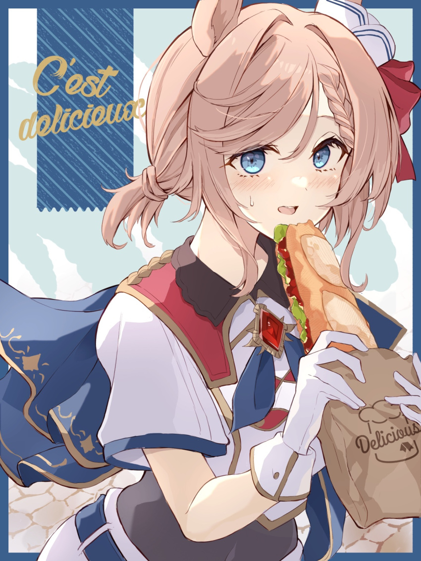 1girl animal_ears bag baguette blue_eyes blush braid bread cursive ears_through_headwear eating food french_text gloves highres holding holding_food horse_ears horse_girl light_brown_hair looking_at_viewer open_mouth ri_cochet solo swept_bangs translated umamusume upper_body venus_park_(umamusume) white_gloves white_headwear